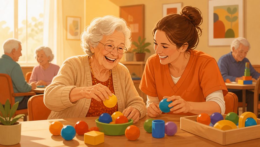 Caregiver and senior enjoying an activity together